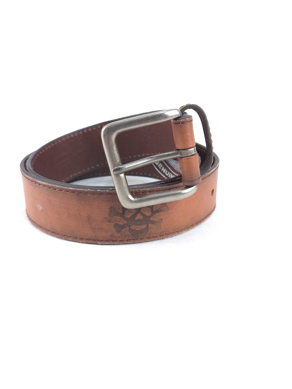 Women's Brown Leather Belt with Skull & Crossbones Stamp Tooled Motif